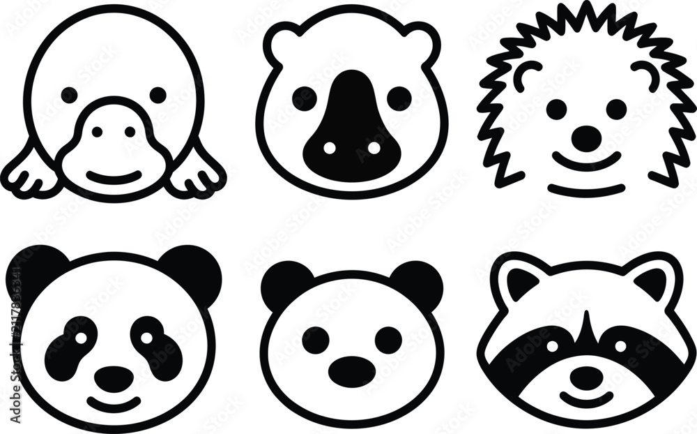 Fototapeta premium Variety of wild animal face icons including platypus panda hedgehog raccoon in line art style with hedgehog platypus minimalist creature collection illustration monochrome isolated portrait