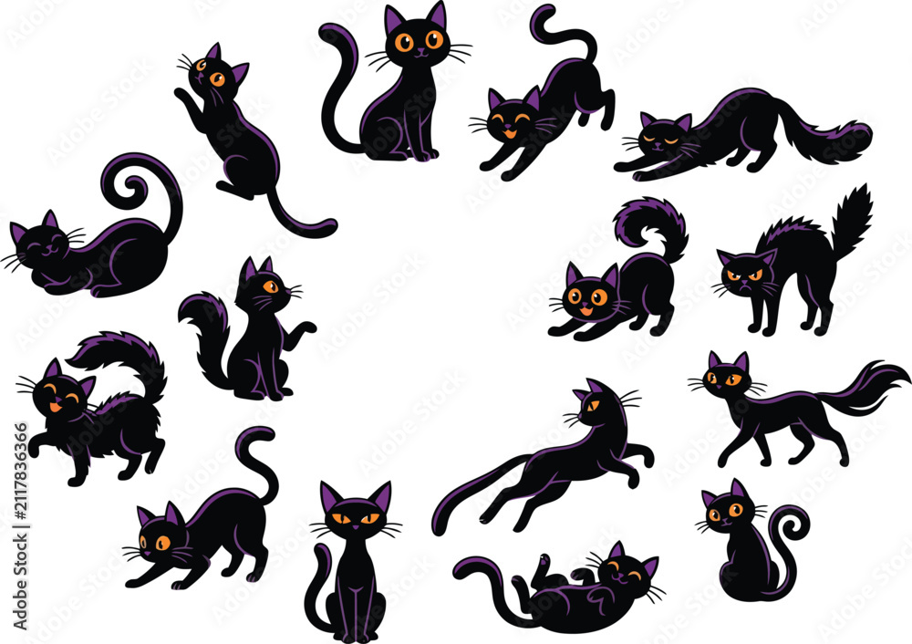 Obraz premium A collection of black cat silhouettes arranged in a circle to celebrate a spooky happy halloween day theme