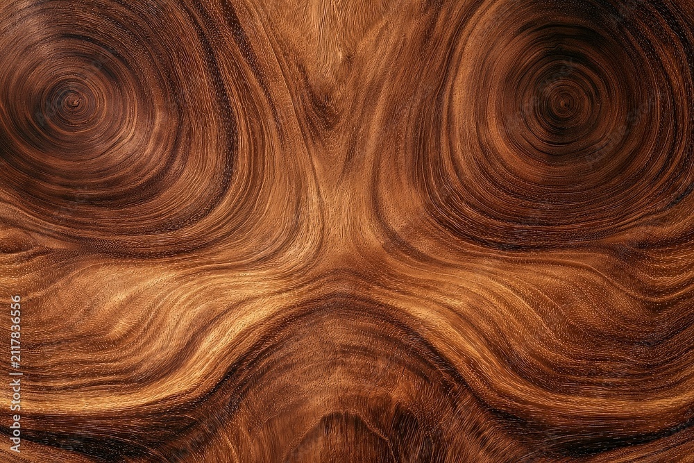 Fototapeta premium Close-up of a textured, swirling pattern on a brown wooden surface, showing detailed grain and organic concentric rings. micro photography