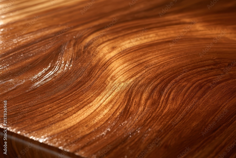Fototapeta premium Close-up of a polished wooden surface showcasing natural grain patterns and glossy texture with warm brown hues. micro photography