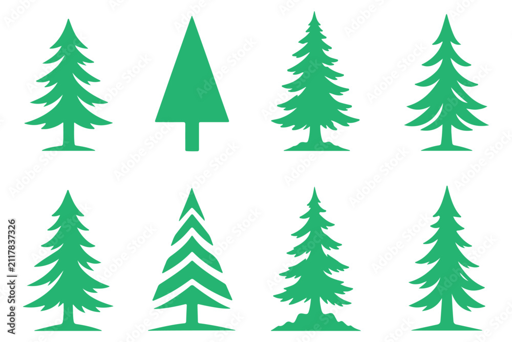 Fototapeta premium Trees flat icons set. Plants, landscape design, fir tree, succulent, privacy shrub, lawn grass, flowers black vector collection isolated on transparent background. tree simple silhouettes .