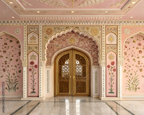 Opulent Jaipur palace doorway painted in dusty pink and gold, intricate jali screens, floral frescoes and polished marble floor, premium architectural illustration