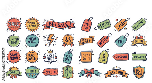 Collection of hand drawn sale sticker icon designs for retail promotion and vector marketing labels set