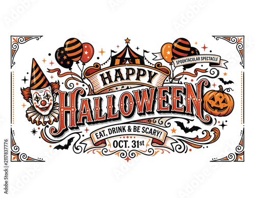 Vintage circus happy halloween poster design with clown and jack-o-lantern halloween balloons