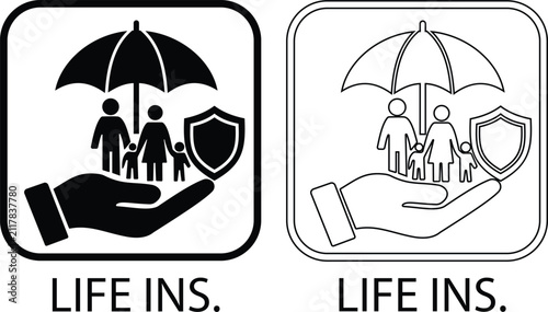 Black flat and line style family life insurance icons set, collection and group of family protection, life coverage, financial security and policy vector symbols isolated on transparent background