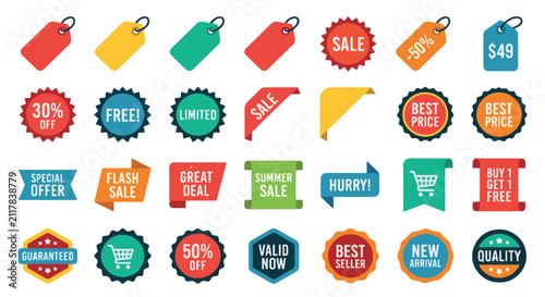 Colorful flat sale promotion badge and discount label icon vector set for marketing campaigns and e-commerce retail web design elements