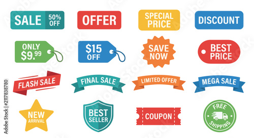 Set of colorful sale discount tags, offer labels, badges and banners vector icon collection for shopping