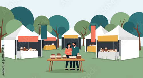 Pottery craft market stalls with ceramic vases in a public city park