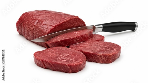 Raw beef roast being sliced into steaks with a sharp kitchen knife isolated on white background