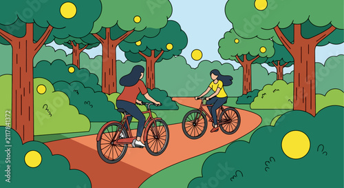 Young woman riding a bicycle on a path through a sunny lemon orchard