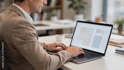 Focused medium shot of a professional reviewing AIgenerated plan recommendations on a laptop web portal the screen clear and the surrounding environment softly out of focus.
