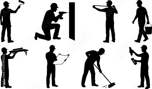 Set of construction worker silhouettes performing various building tasks vector illustration