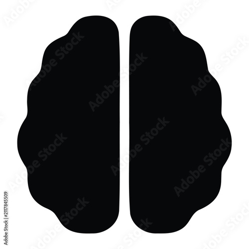 Solid black silhouette vector icon of divided human brain hemispheres