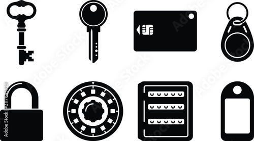 Black vector silhouettes of security and access control icons including keys padlock keycard and key fob