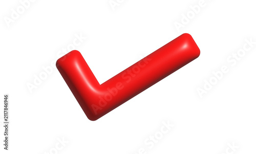 3D red check mark icon. Glossy tick symbol for business approval and task completion.