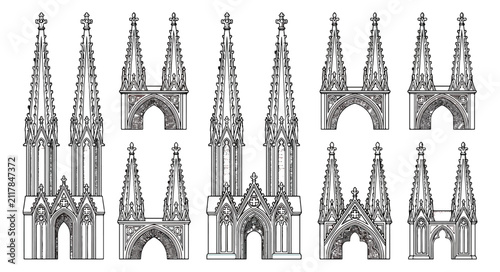 Obraz na płótnie Gothic cathedral spires vector set, architectural church towers with ornate ston