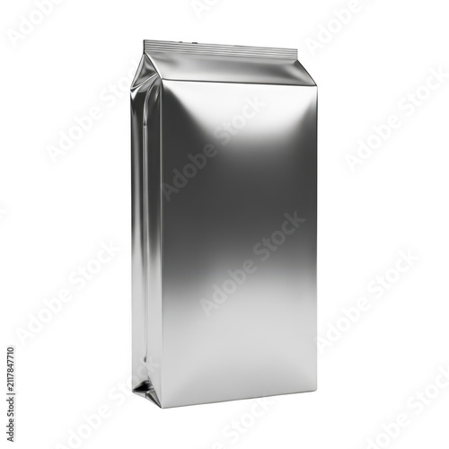 Sleek metallic standing pouch for liquid or food storage with reflective surface finish