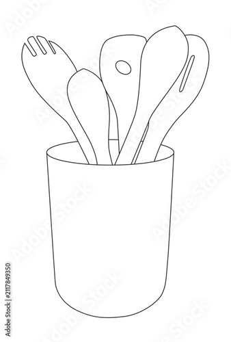 Kitchen Utensils in Container Minimalist Cooking Tools Line Art Illustration