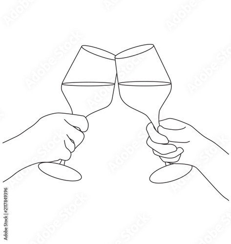 Two Hands Clinking Wine Glasses Toast Celebration Minimalist Line Art