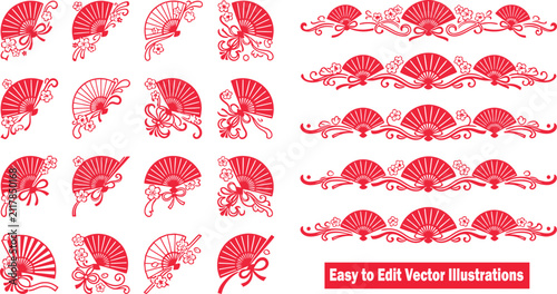 Set of decorative chinese folding fan corner and border elements