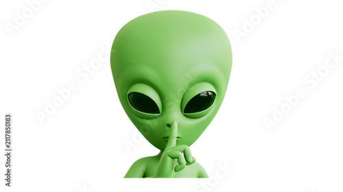 A curious green alien with large eyes gestures a silent request, isolated on a transparent background, perfect for creative projects