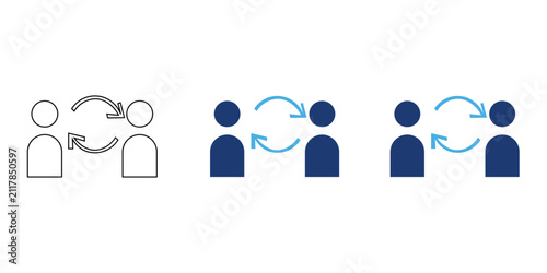 Minimalist user exchange icon set, blue human silhouettes with circular arrows, person to person communication vector graphics for business interface