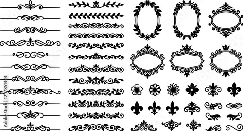  Calligraphic dividers. Decorative retro page divider borders, wedding calligraphic frame and ornamental swirls floral frames. Elegant royal ornamentation vintage vector isolated icons set