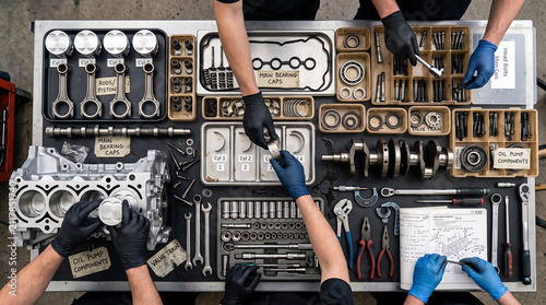 Top View Mechanics Rebuilding Engine Block and Sorting Parts on Metal Workbench