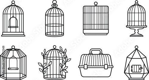 Фотография Bird Cage and Pet Carrier Line Icon Set with Vintage Geometric and Decorative Pl
