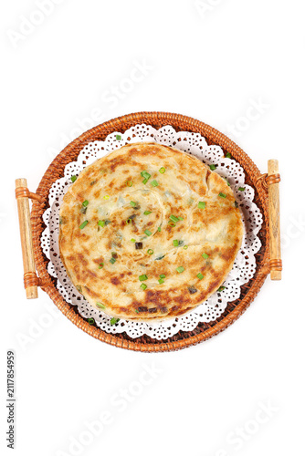 Photography Chinese Scallion Pancake in Wicker Basket - Traditional Asian Breakfast Food