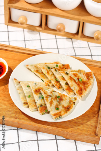 Photography Delicious Chinese Scallion Pancakes with Dipping Sauce on Wooden Board - Traditi