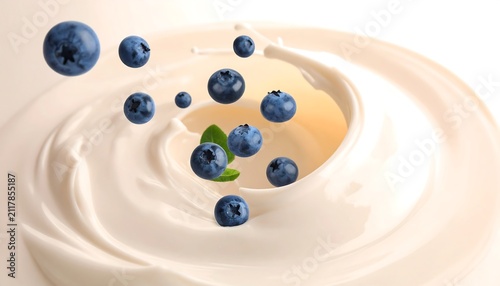 Floating Ripe Blueberries on Light Cream Background, Fresh Organic Berry Fruit in Midair with Healthy Food, Natural Nutrition and Minimal Still Life Concept