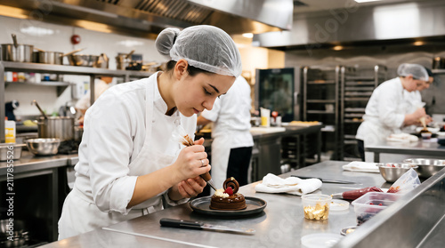 Focused female pastry chef decorating gourmet chocolate dessert in commercial kitchen