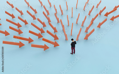 Businessman standing surrounded by many directional arrows on blue background with decision direction business strategy planning confusion navigation management leadership opportunity