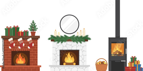 Cozy winter fireplaces and wood burning stove Christmas illustration set