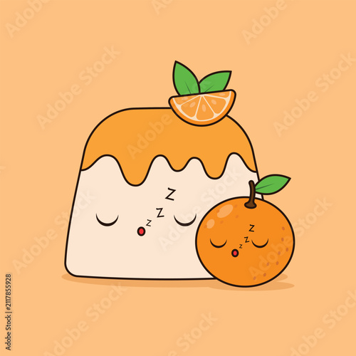 Sleepy Orange Pudding Dessert Character with Cute Citrus Fruit Illustration