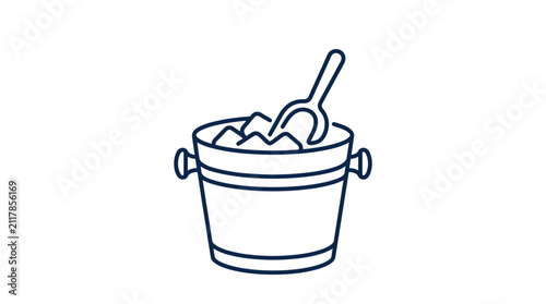 Minimalist line art of an ice bucket with cubes and scoop.