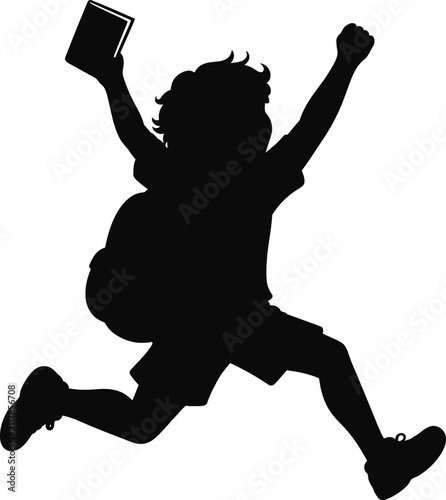 Student Running Silhouette Vector Illustration, Happy School Child, Education Success, Celebration Pose, Kid Character, Black Isolated Design