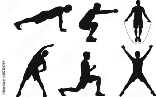 Fitness Exercise Silhouettes Vector Collection, Workout Training Poses, Home Gym, Healthy Lifestyle, Black Isolated Bundle