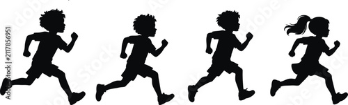 Kids Running Silhouettes Vector Collection, Children Sprinting, Active Boys and Girls, School Sports, Black Isolated Bundle