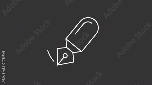 Animated shaking fountain pen white line icon. Minimalist writing tool animation. Drawing line. Isolated element on dark background. Alpha transparent video