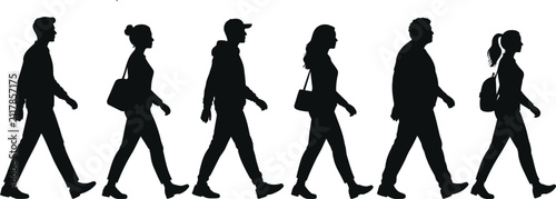People Walking Silhouettes Vector Collection, Men and Women Walking Poses, Casual Pedestrians, Black Isolated Bundle