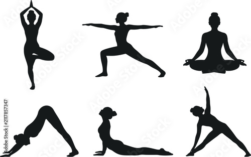 Yoga Pose Silhouettes Vector Collection, Meditation and Fitness Exercise, Healthy Lifestyle, Black Isolated Bundle
