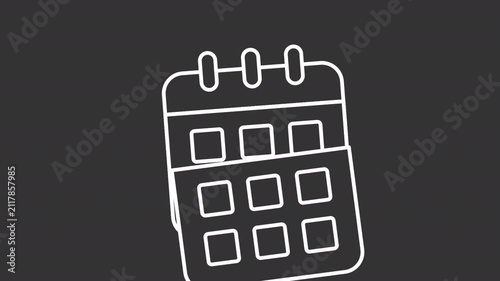 Animated minimalistic calendar white line icon. Scheduling animation. Six small date squares. Moving pages. Isolated element on dark background. Alpha transparent video