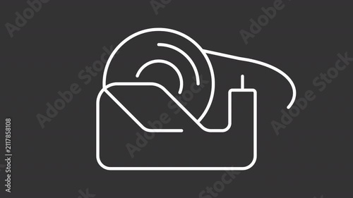 Animated rolling tape dispenser white line icon. Roll of adhesive tape animation. Minimalist office supply. Isolated element on dark background. Alpha transparent video
