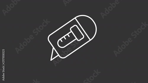 Animated box cutter white line icon. Pushing utility knife animation. Angled razor blade tip. Isolated element on dark background. Alpha transparent video