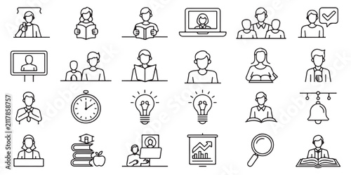 Obraz na płótnie Comprehensive collection of online learning and education line icons featuring students teachers digital classrooms and academic symbols