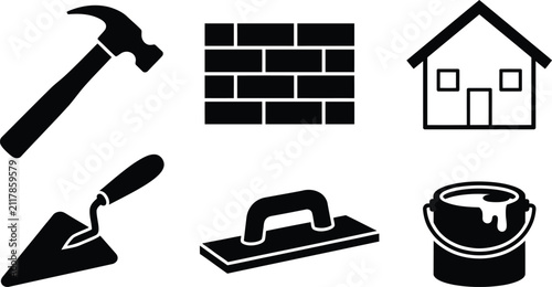 Set of black and white construction and home renovation icons featuring tools and building materials