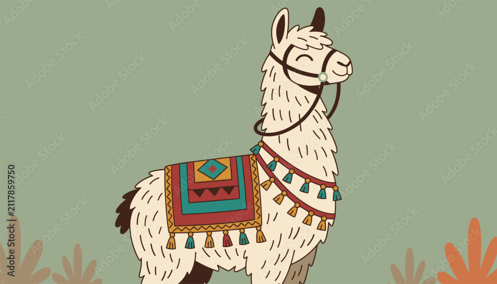 Obraz premium Charming peruvian alpaca wearing a traditional colorful blanket and tassels against a soft green background.