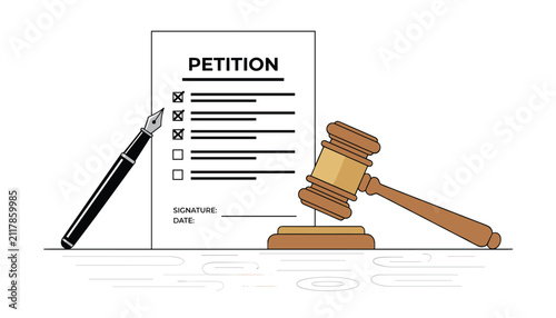 Legal petition document with checkmarks next to pen and judge gavel representing law, democracy, and court procedures.